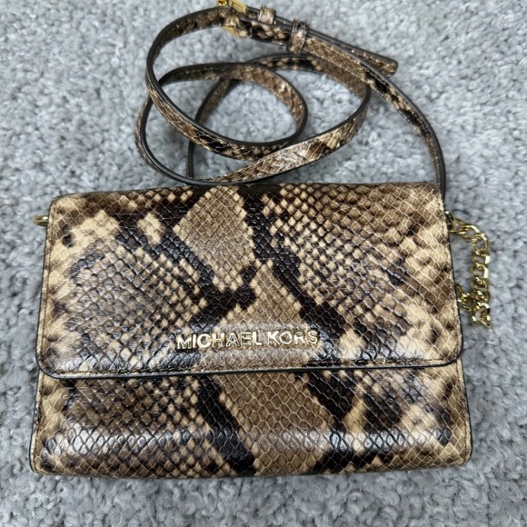 Michael Kors Handbags - Michael Kors Jet Set Snakeskin Embossed Leather Crossbody Bag Brown Gold Tone